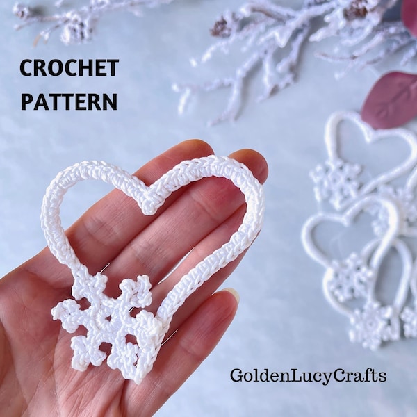 CROCHET PATTERN Snowflake  Heart Christmas Ornament Applique Valentine's Day
