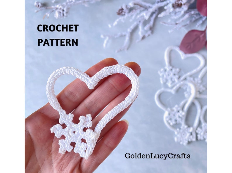 CROCHET PATTERN Snowflake Heart Christmas Ornament Applique image 1
