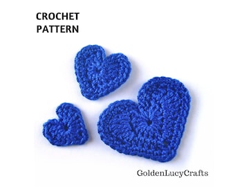 May include: Three blue crocheted hearts of different sizes. The crochet pattern is for sale.