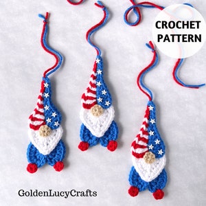 CROCHET PATTERN Patriotic Heart Gnome Ornament 4th of July Independence Day Decoration