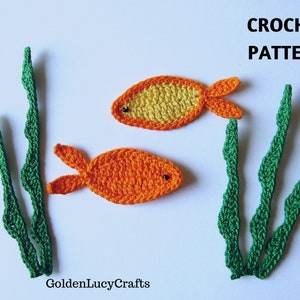 May include: Crochet pattern for two orange and yellow goldfish and three green seaweed plants. The pattern is titled "CROCHET PATTERN" and the creator's name is "GoldenLucyCrafts".