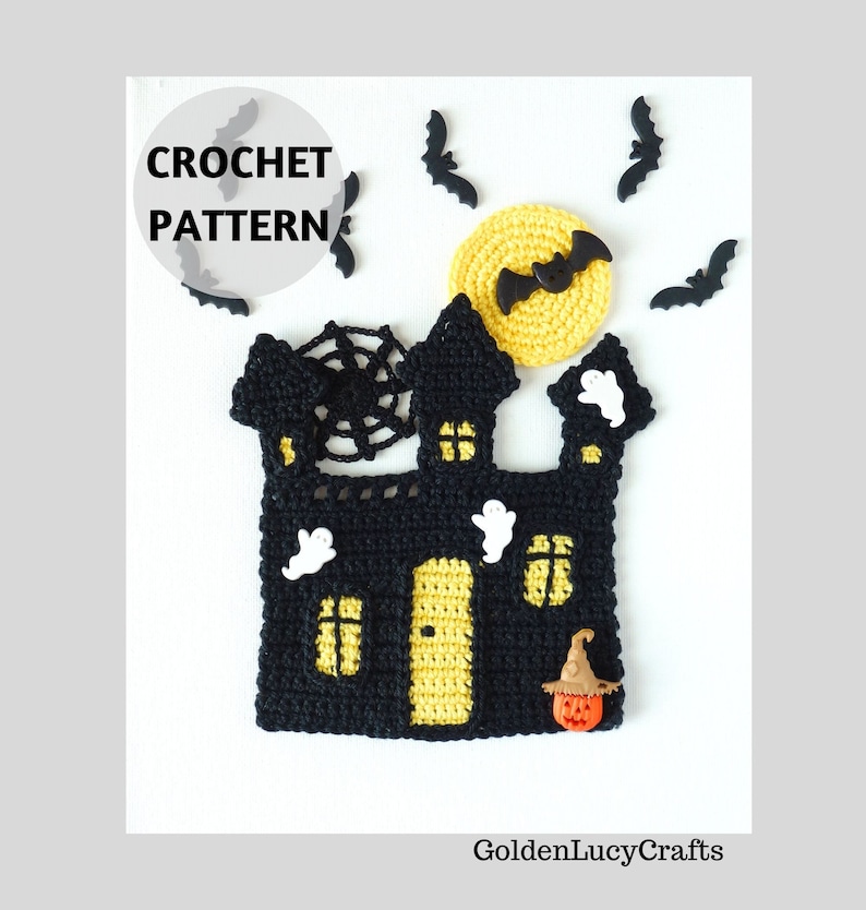 May include: Crochet pattern for a black haunted house with yellow windows and a door. The house has a spider web, ghosts, and a pumpkin with a witch's hat. The pattern is surrounded by bats and a yellow moon.
