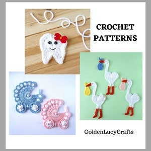 CROCHET PATTERN PACK - Baby Applique, Stroller, Stork, Tooth, Crochet Motifs, Embellishment
