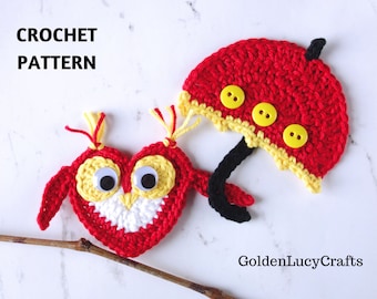 CROCHET PATTERN Owl and Umbrella Applique, Heart-Shaped Owl, Crochet Motif, Embellishment