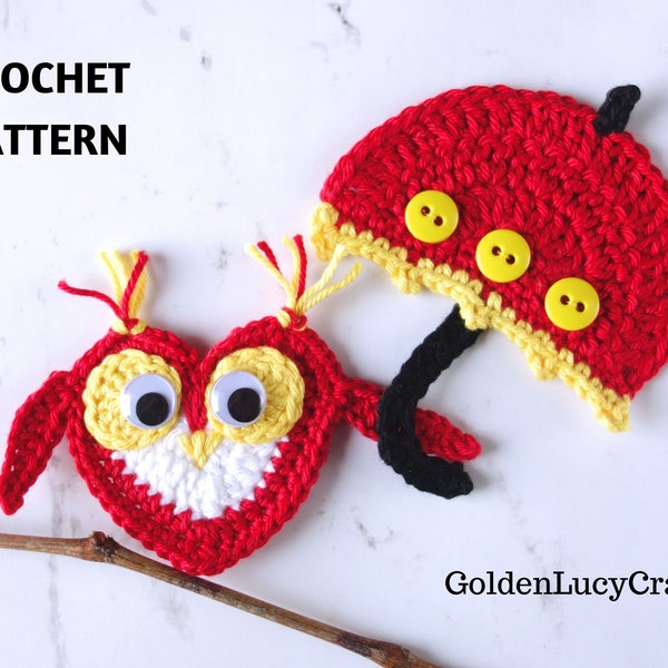 CROCHET PATTERN Owl and Umbrella Applique, Heart-Shaped Owl, Crochet Motif, Embellishment