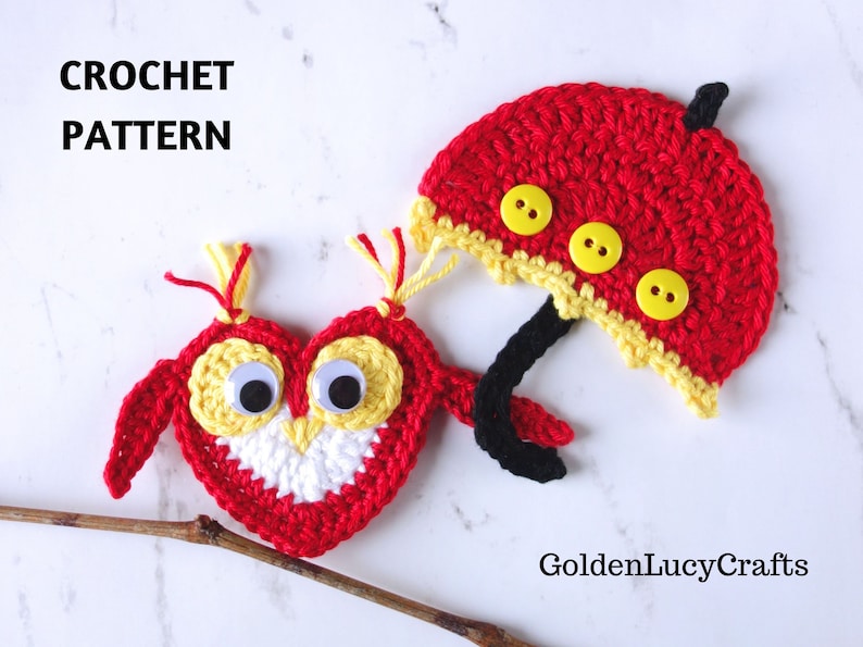 CROCHET PATTERN Owl and Umbrella Applique, Heart-Shaped Owl, Crochet Motif, Embellishment image 1