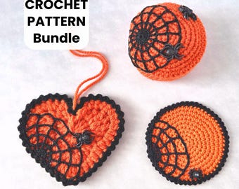CROCHET PATTERN Bundle Halloween Heart Ornament, Coaster and Pincushion, Spider Web, Spider, DIY Decoration