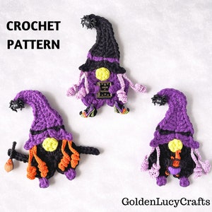 May include: Three crocheted Halloween witch gnomes with purple hats, black bodies, and orange and pink accents. The gnomes are holding a book, a broom, and a pumpkin.
