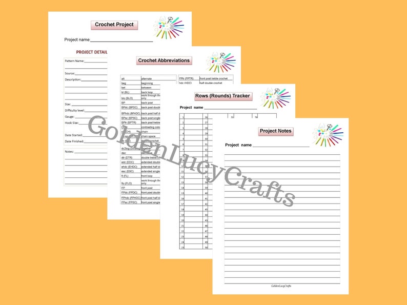 Puede incluir: Planificador de proyectos de crochet imprimible con secciones para detalles del proyecto, abreviaturas, seguimiento de filas y notas. El planificador tiene un dise&ntilde;o colorido con hilo y ganchos de crochet.