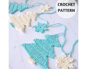 May include: A crochet garland with alternating white and blue snowflakes and Christmas trees. The garland is made with white and light blue yarn. The text "CROCHET PATTERN" is visible in the image.