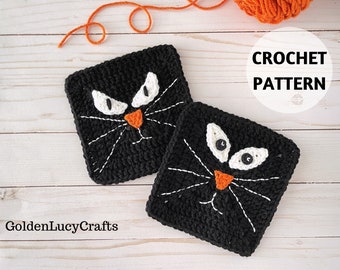 CROCHET PATTERN Black Cat Granny Square Halloween