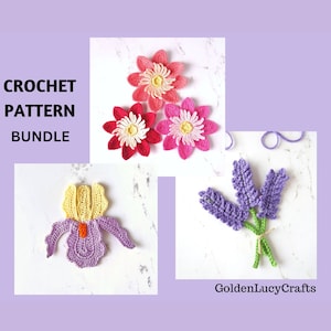 May include: A crochet pattern bundle featuring three flower designs: a red and white flower, a pink and white flower, and a pink flower. Also included is a crochet iris and a lavender bouquet. The text "CROCHET PATTERN BUNDLE" is displayed.