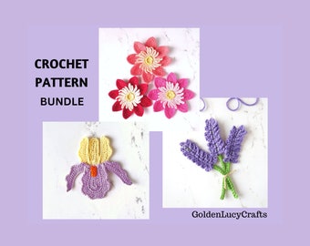 CROCHET PATTERN Lavender Iris Dahlia Flowers Crochet Applique Motif Embellishment