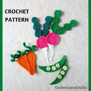 May include: Crochet pattern for a set of vegetables including a carrot, radish, and peas. The vegetables are crocheted in bright colors, including orange, pink, green, and white.