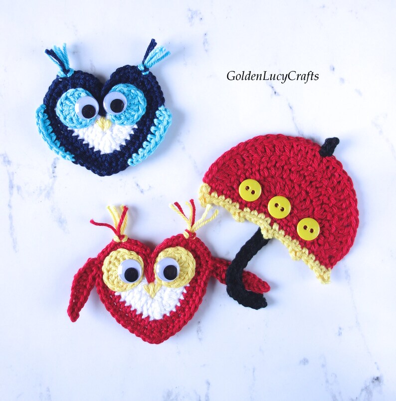 CROCHET PATTERN Owl and Umbrella Applique, Heart-Shaped Owl, Crochet Motif, Embellishment image 2