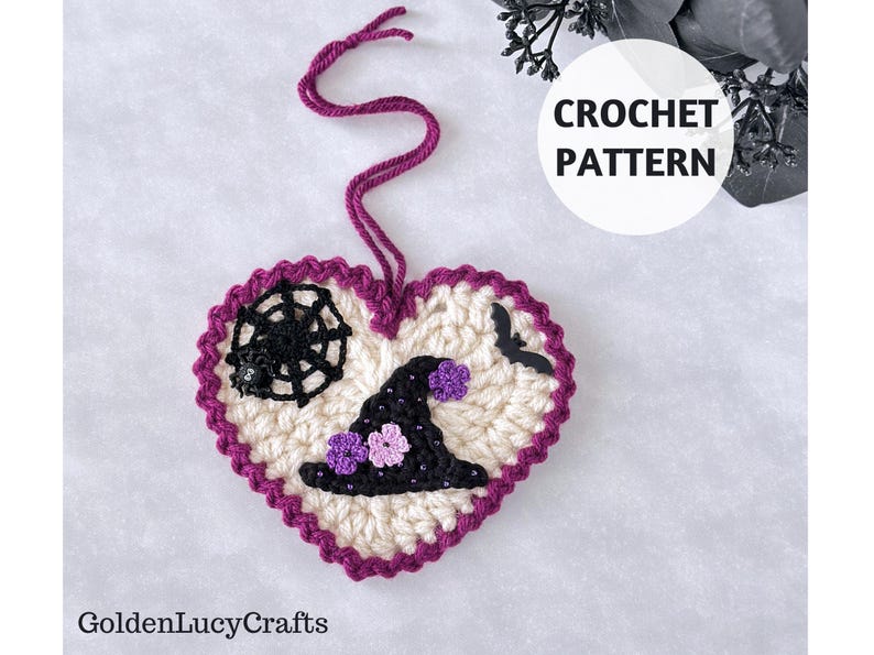 Witch Hat Heart Ornament crochet pattern listing photo by GoldenLucyCrafts