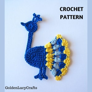 May include: Crochet pattern for a blue peacock with a yellow and blue tail. The pattern is called "CROCHET PATTERN".