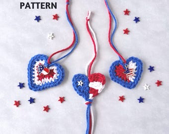 CROCHET PATTERN 4th of July Heart Ornaments, 3 Designs, Patriotic Heart, DIY Independence Day Decoration