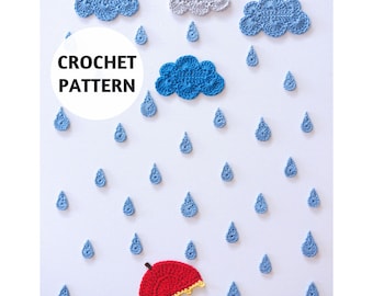 Crochet Pattern Cloud, Raindrops, Umbrella Appliques