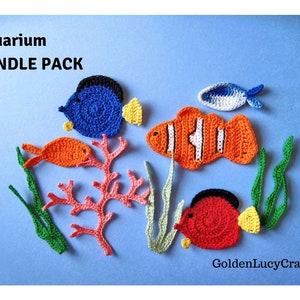 May include: A crochet aquarium bundle pack with a variety of colorful fish, coral, and seaweed. The fish are orange, red, blue, and white. The coral is pink and the seaweed is green. The text "Aquarium Bundle Pack" is at the top of the image.