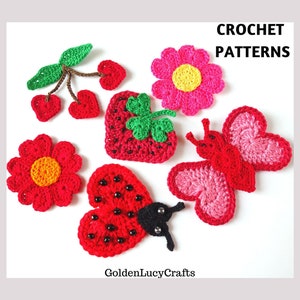 CROCHET PATTERN PACK - Butterfly, Ladybug, Strawberry, Cherry, Flower Appliques Made From Hearts, Summer Appliques, Crochet Embellishment