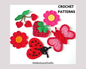 CROCHET PATTERN BUNDLE Butterfly Ladybug Strawberry Cherry Flower Appliques Made From Hearts, Summer Embellishment