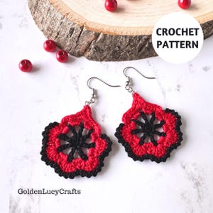 May include: A pair of handmade crochet earrings in a floral design. The earrings feature a red flower with a black center and black edging. The image also includes red beads and the text "CROCHET PATTERN".