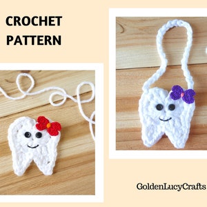 May include: Crochet pattern for a tooth with a red bow. The tooth is white and has black eyes and a smiling mouth. The tooth is on a wooden surface.