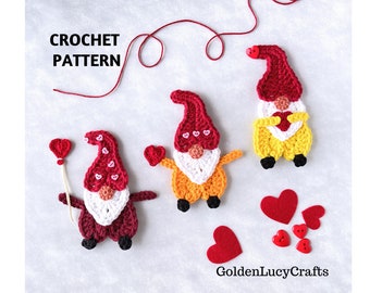 May include: Three crocheted gnomes with red, white, and yellow yarn. Each gnome is holding a red heart. The gnomes are on a white background with red felt hearts and buttons.