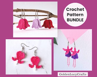 Crochet Pattern Bundle Flower Earrings | Tulip | Fuchsia | Bleeding Heart