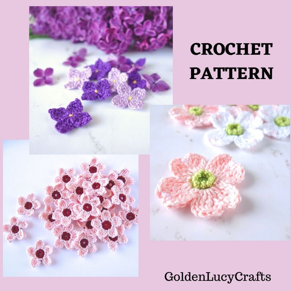 CROCHET PATTERN Lilac Dogwood Cherry Flowers Crochet Applique Motif Embellishment