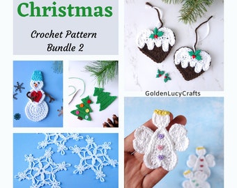 May include: A Christmas crochet pattern bundle featuring various ornaments including a snowman, green Christmas trees, white snowflakes, heart-shaped puddings with holly, and white angels with small heart-shaped buttons. Text reads Christmas Crochet Pattern Bundle 2 and GoldenLucyCrafts.