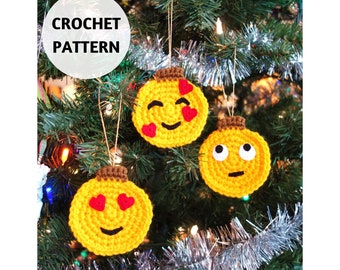 CROCHET PATTERN Smiley Face Christmas Ornaments, Heart Eyes, Smiling Face, Rolling Eyes