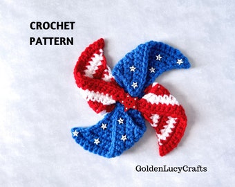 May include: Crochet pattern for a red, white, and blue pinwheel with white stars. The pinwheel is made with yarn and has a red star in the center.