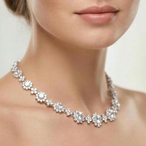 Swarovski Flower Bridal Jewelry Set: Necklace, Earrings, Platinum, Simulated Diamonds