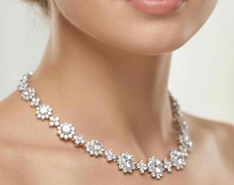 Swarovski Flower Bridal Jewelry Set: Necklace, Earrings, Platinum, Simulated Diamonds