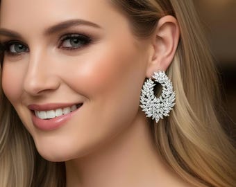 Bridal Teardrop Micropave Silver Earrings. Prom Formal Dress. Mother of the Bride.