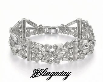 Art Deco Bridal Bracelet, Platinum Diamond-like Setting.