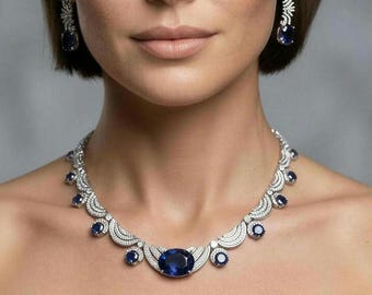 Sapphire Blue Swarovski Bridal Jewelry Set, Cubic Zirconia Necklace and Earrings.