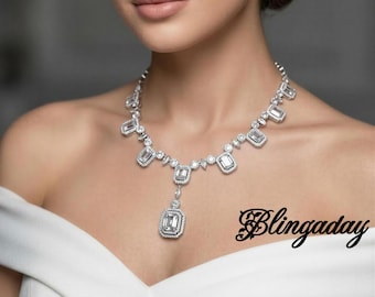Smaragdschliff Lariat Diamant Halskette und Ohrringe. Schmuck Set. Braut. Mutter der Braut. Abendkleid.