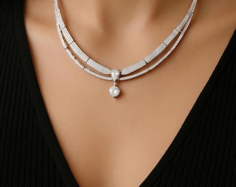 Minimalist Bridal Necklace and Earrings. Set in platinum. Simulated Diamond Jewelry