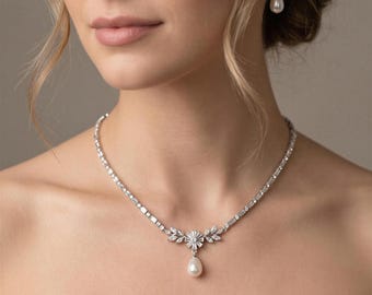 Minimalist Pearl Necklace and Earrings Set. Platinum Plated, Regal Wedding Jewelry