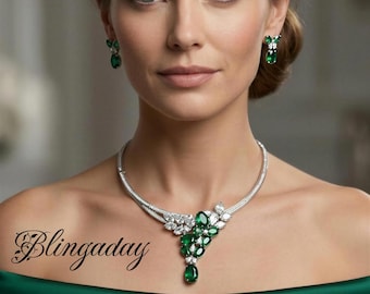 Emerald Green Vine Necklace Earrings Set, Gold Plated Simulated Gem, Mother of Bride