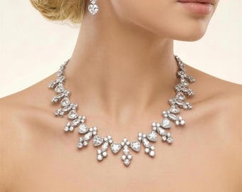 Set di gioielli da sposa in platino: collana a cuore con diamanti simulati, orecchini – Accessorio nuziale regale