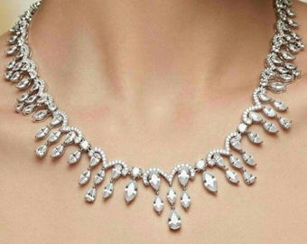 Delicate Swarovski Teardrop Bridal Jewelry Set. Platinum plated. Necklace and Earrings. Cubic Zirconia.