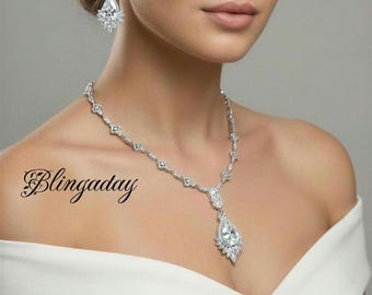 Lariat Y Necklace Teardrop Cubic Zirconia with Matching Earrings. Bridal Jewelry. Mother of the Bride.