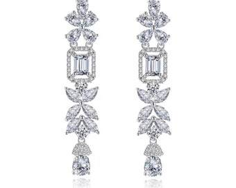 Teardrop Mixed Shapes Diamond Earrings Sterling Silver Bridal Jewelry. 2.23 inches