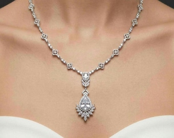 Swarovski Bridal Teardrop Necklace and Earrings Set. Mother of the Bride. Simulated Diamond.