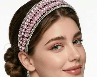 Pink Crystal Boho Headband with tassles. Hair Accessory.