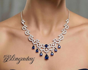 Teardrop Sapphire Blue Bridal Jewelry Set, Silver Plated Necklace Earrings